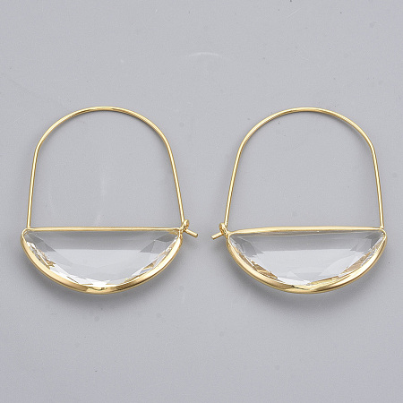 Honeyhandy Brass Hoop Earrings, with Glass, Nickel Free, Real 18K Gold Plated, Faceted, Half Round, Clear, 44mm, Pin: 0.8mm