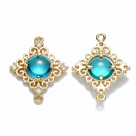 Honeyhandy Glass Links connectors, with Eco-Friendly Alloy Open Back Berzel Findings and Clear Cubic Zirconia, Rhombus, Nickel Free, Light Gold, Dark Turquoise, 23.5x19x4.5mm, Hole: 1.2mm
