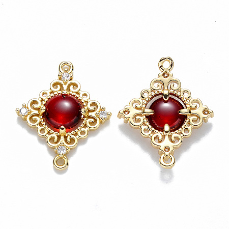 Honeyhandy Glass Links connectors, with Eco-Friendly Alloy Open Back Berzel Findings and Clear Cubic Zirconia, Rhombus, Nickel Free, Light Gold, Dark Red, 23.5x19x4.5mm, Hole: 1.2mm
