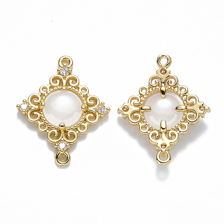 Honeyhandy Glass Links connectors, with Eco-Friendly Alloy Open Back Berzel Findings and Clear Cubic Zirconia, Rhombus, Nickel Free, Light Gold, Creamy White, 23.5x19x4.5mm, Hole: 1.2mm