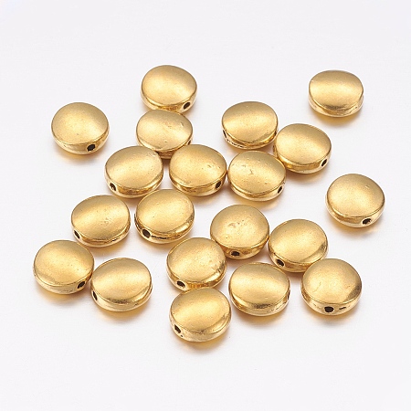 Honeyhandy Tibetan Style Alloy Beads, Cadmium Free & Nickel Free & Lead Free, Antique Golden Color, Flat Round, about 9mm in diameter, 4mm thick, hole: 1mm