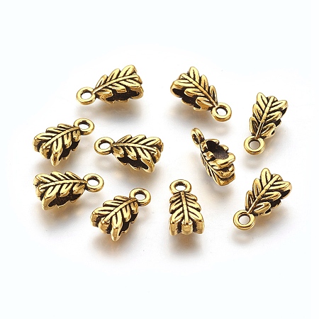Honeyhandy Tibetan Style Alloy Pendant Bails, Lead Free & Cadmium Free & Nickel Free, Leaf, Antique Golden, 14mm long, 6.5mm wide, 4.5mm thick, Hole: 2mm