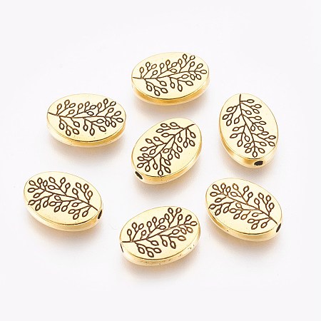 Honeyhandy Tibetan Style Alloy Beads, Oval with Leaf, Antique Golden, Lead Free and Cadmium Free and Nickel Free, 14x10x3mm, Hole: 1.5mm