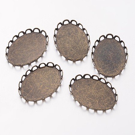 Honeyhandy Flat Oval Brass Lace Edge Bezel Cups, Cabochon Settings, Nickel Free, Antique Bronze, about 19mm wide, Tray: 18x25mm, 26mm long, 2mm thick