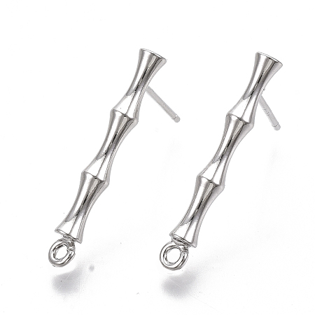 Honeyhandy Brass Stud Earring Findings, with 925 Sterling Silver Pins and Loop, Nickel Free, Bamboo, Real Platinum Plated, 23x3mm, Hole: 1.4mm, Pin: 1mm