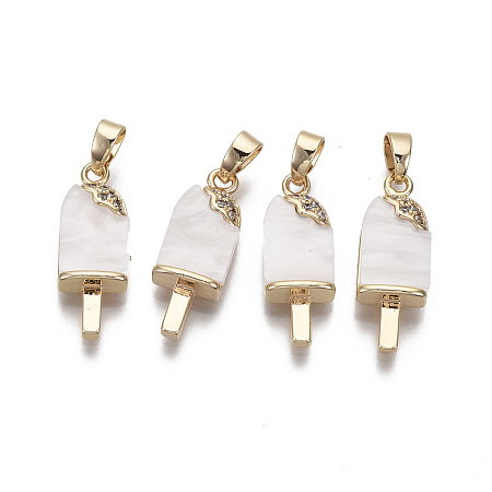 Honeyhandy Brass Clear Cubic Zirconia Pendants, with Acrylic and Brass Snap on Bails, Ice Lolly, Creamy White, Real 18K Gold Plated, 21x8x4mm, Hole: 4x3mm