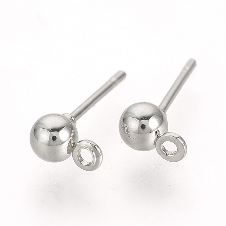 Honeyhandy Iron Ball Stud Earring Findings, with Loop, Nickel Free, Platinum, 6.5x4mm, Hole: 1mm, Pin: 0.8mm
