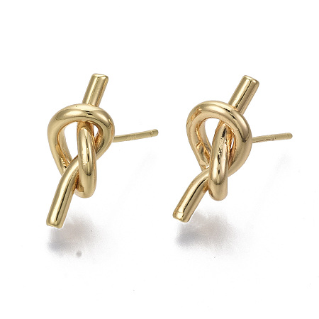 Honeyhandy Brass Stud Earrings, with 925 Sterling Silver Pins, Nickel Free, Knot, Real 18K Gold Plated, 17x7.5mm, Pin: 0.7mm