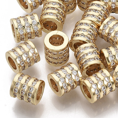 Honeyhandy Brass Micro Pave Cubic Zirconia European Beads, Large Hole Beads, Nickel Free, Column, Clear, Real 18K Gold Plated, 6.5x6mm, Hole: 3.5mm