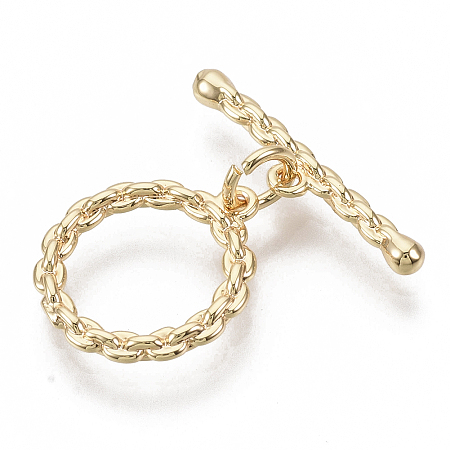 Honeyhandy Brass Toggle Clasps, Nickel Free, Ring, Real 18K Gold Plated, 21mm, Bar: 20x4x2.5mm, hole: 1.2mm, Ring: 15x13.5x2mm, hole: 1.2mm, Jump Ring: 5x1mm