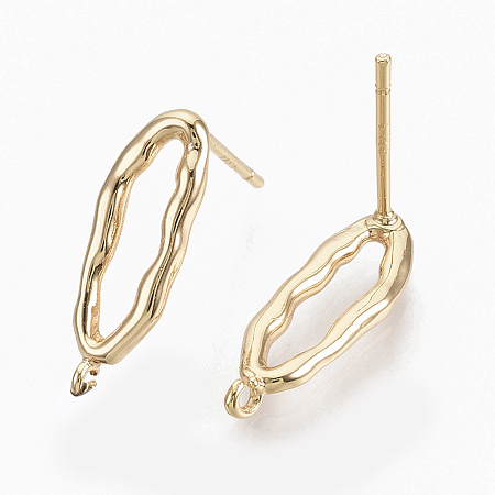 Brass Stud Earring Findings, with 925 Sterling Silver Pins and Loop, Carved with S925, Nickel Free, Real 18K Gold Plated, Oval, Hammered, 17.5x6mm, Hole: 1.2mm, Pin: 0.7mm