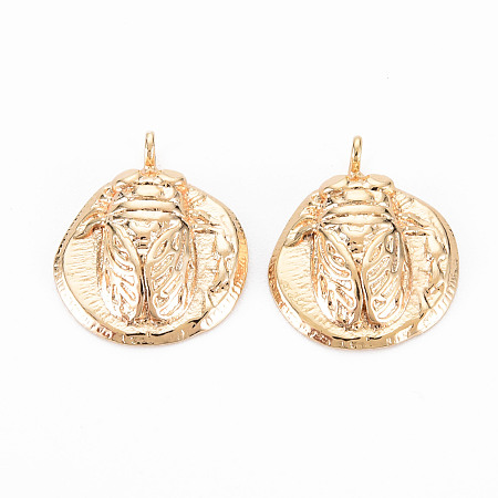 Honeyhandy Brass Pendants, Nickel Free, Flat Round with Cicada, Real 18K Gold Plated, 16.5x14x3.5mm, Hole: 1.6mm