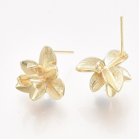 Honeyhandy Brass Stud Earring Findings, with Loop, Real 18K Gold Plated, Nickel Free, Flower, 13.5x15mm, Hole: 1.4mm, Pin: 0.8mm
