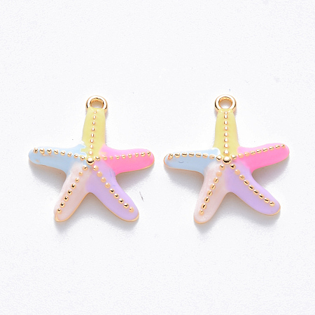 Honeyhandy Brass Enamel Charms, Nickel Free, Starfish/Sea Stars, Real 18K Gold Plated, Colorful, 14x13.5x3.5mm, Hole: 1mm