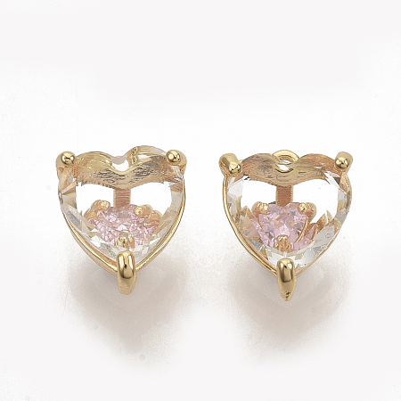 ARRICRAFT Brass Cubic Zirconia Charms, Nickel Free, Heart, Real 18K Gold Plated, Pearl Pink, 10x8.5x6.5mm, Hole: 1mm