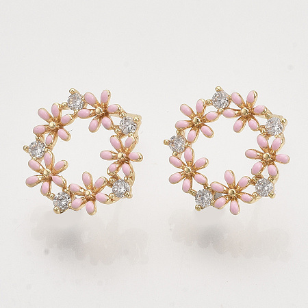 Brass Micro Pave Clear Cubic Zirconia Stud Earring Findings, with Enamel and Loop, 925 Sterling Silver Pins, Nickel Free, Flower, Real 18K Gold Plated, 14.5x14mm, Hole: 1mm, Pin: 0.7mm