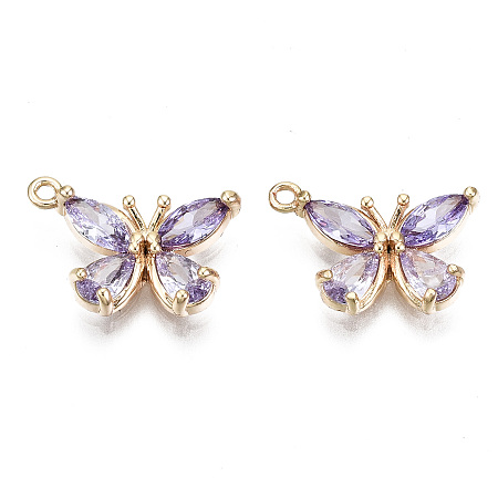 Honeyhandy Real 18K Gold Plated Brass Micro Pave Cubic Zirconia Pendants, Nickel Free, Butterfly, Lilac, 10.5x15x3mm, Hole: 1.2mm