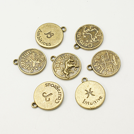 Arricraft Tibetan Style Pendants, Flat Round with Mixed Constellation/Zodiac Sign, Nickel Free, Antique Bronze, 20x17x2mm, Hole: 2mm