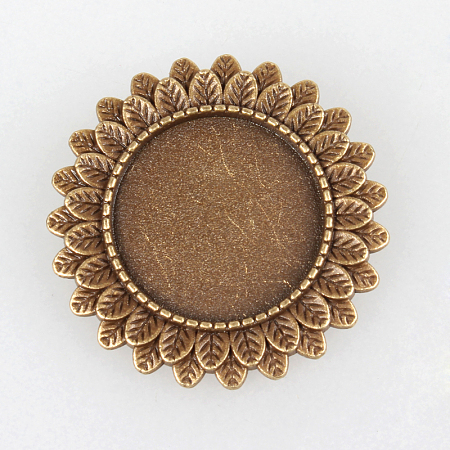 Honeyhandy Vintage Alloy Brooch Cabochon Bezel Settings, with Iron Pin Brooch Back Bar Findings, Flower, Cadmium Free & Nickel Free & Lead Free, Antique Bronze, Flat Round Tray: 20mm, 33x2mm, Pin: 0.6mm