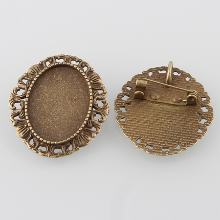 Honeyhandy Vintage Alloy Brooch Cabochon Bezel Settings, with Iron Pin Back Bar Findings, Cadmium Free & Nickel Free & Lead Free, Antique Bronze, Oval Tray: 25x18mm, 34x30.5x2mm, Hole: 5x3mm, Pin: 0.8mm