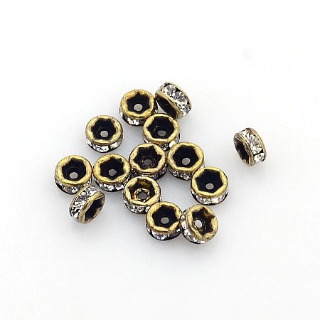 Honeyhandy Brass Rhinestone Spacer Beads, Grade AAA, Straight Flange, Nickel Free, Antique Bronze Metal Color, Rondelle, Crystal, 4x2mm, Hole: 1mm