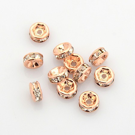 Honeyhandy Brass Rhinestone Spacer Beads, Grade AAA, Straight Flange, Nickel Free, Rose Gold Metal Color, Rondelle, Crystal, 6x3mm, Hole: 1mm