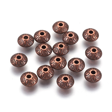 Honeyhandy Tibetan Style Alloy Spacer Beads, Lead Free & Nickel Free & Cadmium Free, Rondelle with Flower, Red Copper Color, about 9mm long, 9mm wide, 6mm thick, hole: 1.5mm