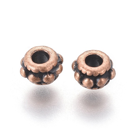 Honeyhandy Tibetan Style Spacer Beads, Lead Free, Cadmium Free and Nickel Free, Flat Round, Red Copper Color, 5mm in diameter, 3mm thick, hole: 2mm