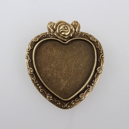 Honeyhandy Valentines Gifts Ideas Alloy Carved Rose Pendant Cabochon Bezel Settings, Cadmium Free & Nickel Free & Lead Free, Antique Bronze, Heart Tray: 25x23mm, 38x33x2mm, Hole: 2mm