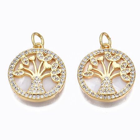 ARRICRAFT Brass Micro Pave clear Cubic Zirconia Pendants, with Shell and Jump Rings, Nickel Free, Flat Round with Tree, Real 16K Gold Plated, 18x16x2.5mm, Hole: 3x5mm