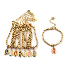 Alloy Enamel Oval with Virgin Mary Charm Bracelets, with Stainless Steel Rope Chains and Cubic Zirconia, Golden, Mixed Color, 6-3/4 inch(17cm)