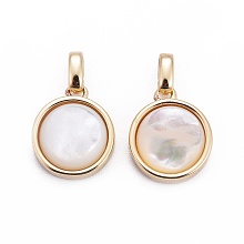 Honeyhandy Natural White Shell Mother of Pearl Shell Pendants, with Brass Findings, Flat Round, Golden, 15x12.5x5mm, Hole: 2mm