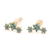 Honeyhandy Brass Micro Pave Cubic Zirconia Stud Earrings, Real 18K Gold Plated, Flower, Deep Sky Blue, 6.5x12.5mm, Pin: 1mm