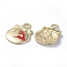 Honeyhandy Golden Plated Alloy Enamel Pendants, for Christmas, Bag with Deer, Red, 21x16x1mm, Hole: 3mm