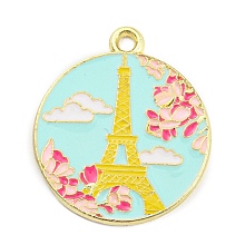 Honeyhandy Alloy Enamel Pendants, Golden, Flat Round with Eiffel Tower Pattern, Gold, 27x22x1.5mm, Hole: 1.8mm