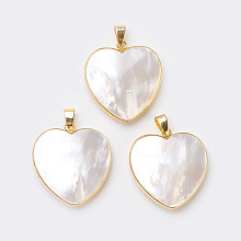 Honeyhandy Shell Pendants, with Brass Finding, Heart, Golden, 33~33.5x31x6~9mm, Hole: 4x7mm