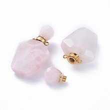 Honeyhandy Faceted Natural Rose Quartz Openable Perfume Bottle Pendants, Essential Oil Bottles, with Golden Tone 304 Stainless Steel Findings, 35.5~37.5x23x13.5mm, Hole: 1.8mm, Capacity: about 2ml(0.06 fl. oz)