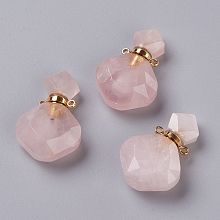 Honeyhandy Rhombus Natural Rose Quartz Perfume Bottle Pendants, with 304 Stainless Steel Findings, Faceted, Golden, 26~27x17~17.5x8~8.5mm, Hole: 1.4mm, Capacity: about 2ml(0.06 fl. oz)