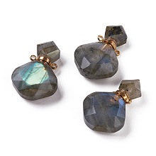 Honeyhandy Rhombus Natural Labradorite Perfume Bottle Pendants, with 304 Stainless Steel Findings, Faceted, Golden, 26~27x17~17.5x8~8.5mm, Hole: 1.4mm, Capacity: about 2ml(0.06 fl. oz)