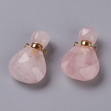 Honeyhandy Teardrop Natural Rose Quartz Perfume Bottle Pendants, with 304 Stainless Steel Findings, Faceted, Golden, 26~26.5x17x8~8.5mm, Hole: 1.4mm, Capacity: about 2ml(0.06 fl. oz)