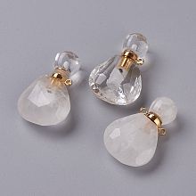 Honeyhandy Teardrop Natural Quartz Crystal Perfume Bottle Pendants, with 304 Stainless Steel Findings, Faceted, Golden, 26~26.5x17x8~8.5mm, Hole: 1.4mm, Capacity: about 2ml(0.06 fl. oz)