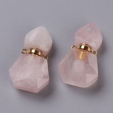 Honeyhandy Hexagon Natural Rose Quartz Perfume Bottle Pendants, with 304 Stainless Steel Findings, Faceted, Golden, 27~27.5x16~17x8mm, Hole: 1.4mm, Capacity: about 2ml(0.06 fl. oz)