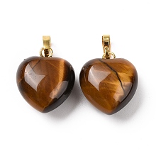 Honeyhandy Natural Tiger Eye Pendants, with Golden Tone Brass Findings, Heart Charm, 18x15~15.5x9.5~10mm, Hole: 6x3mm