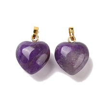 Honeyhandy Natural Amethyst Pendants, with Golden Tone Brass Findings, Heart Charm, 18x15~15.5x9.5~10mm, Hole: 6x3mm