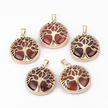 Honeyhandy Natural Carnelian Pendants, with Brass Findings, Flat Round with Tree of Life, Dyed, Golden, 30.5x27x8mm, Hole: 7x3mm