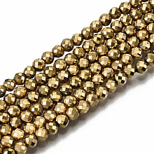 Honeyhandy Electroplate Non-magnetic Synthetic Hematite Beads Strands, Round, Faceted, Real 18K Gold Plated, 3mm, Hole: 1mm, about 132~138pcs/strand, 14.96 inch~15.75 inch(38cm~40cm)