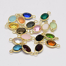 Honeyhandy Oval Faceted Golden Brass Glass Links connectors, Mixed Color, 15x7x3.2mm, Hole: 1mm