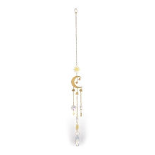 Honeyhandy Brass Big Pendant Decorations, Hanging Suncatchers, with Horse Eye Glass Beads and Iron Findings, for Home Window Decoration, Moon, 390mm, pendant: 235x36x11.5mm