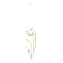 Honeyhandy Brass Big Pendant Decorations, Hanging Suncatchers, with Octagon/Cone Glass Beads and Iron Findings, for Home Window Decoration, Moon, 397mm, pendant: 231x69.5x12mm.