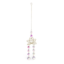 Honeyhandy Brass Big Pendant Decorations, Hanging Suncatchers, with Octagon/Teardrop Glass Beads and Iron Findings, for Home Window Decoration, Flower, 350mm, pendant: 185x61x21mm